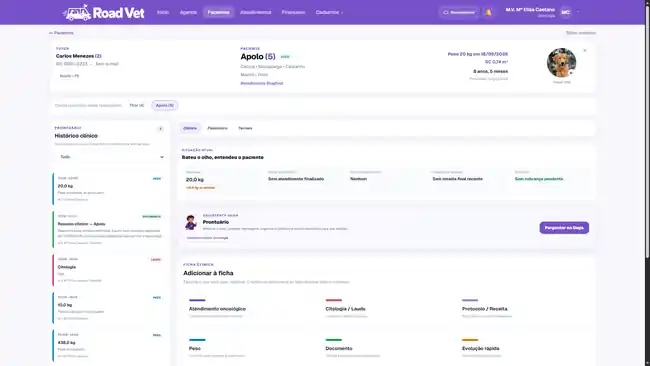 Ficha real do paciente no RoadVet em computador